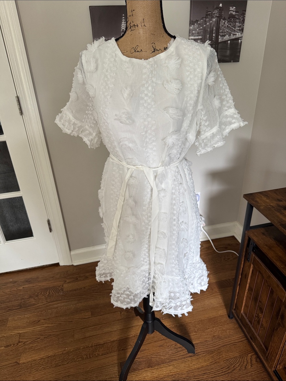 Savi Mom White Textured Ruffle Tie-Waist Dress